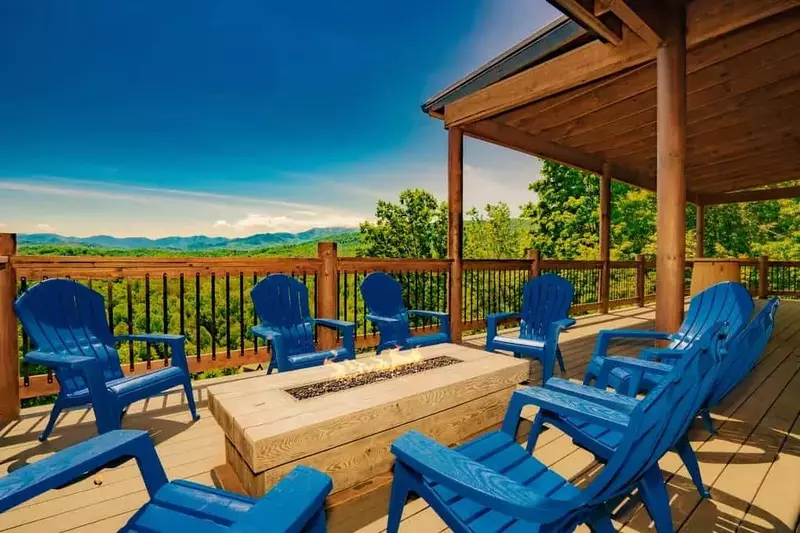 fire pit on the deck of a Smoky Mountain cabin